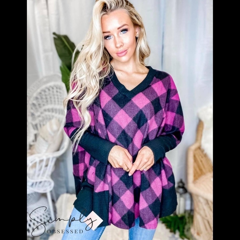 S oversized hoodie sweater Burgundy black plaid
